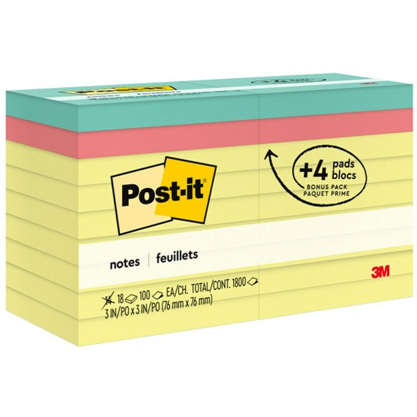 Post-it&reg; Notes Original Notepads - 1800 - 3" x 3" - Square - 100 Sheets per Pad - Unruled - Canary Yellow - Paper - Removable - 18 / Pack