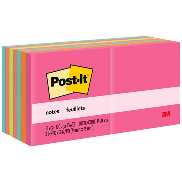 Post-it&reg; Notes - Poptimistic Color Collection - 1400 - 3" x 3" - Square - 100 Sheets per Pad - Unruled - Power Pink, Vital Orange, Aqua Splash, Guava, Acid Lime, Neon Green - Paper - Self-adhesive, Repositionable - 14 / Pack