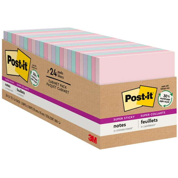 Post-it&reg; Super Sticky Notes Cabinet Pack - Wanderlust Pastels Color Collection - 1680 - 3" x 3" - Square - 70 Sheets per Pad - Unruled - Pink Salt, Positively Pink, Orchid Frost, Fresh Mint - Paper - Repositionable - 24 / Pack - Recycled