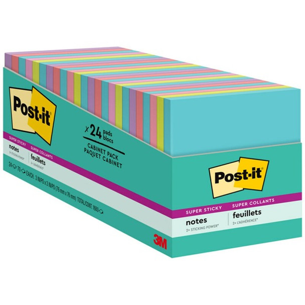 Post-it&reg; Super Sticky Notes - Supernova Neons Color Collection - 1680 x Multicolor - 3" x 3" - Rectangle - 70 Sheets per Pad - Aqua Splash, Tropical Pink, Acid Lime, Guava, Iris Infusion - Paper - Self-adhesive, Recyclable - 24 / Pack