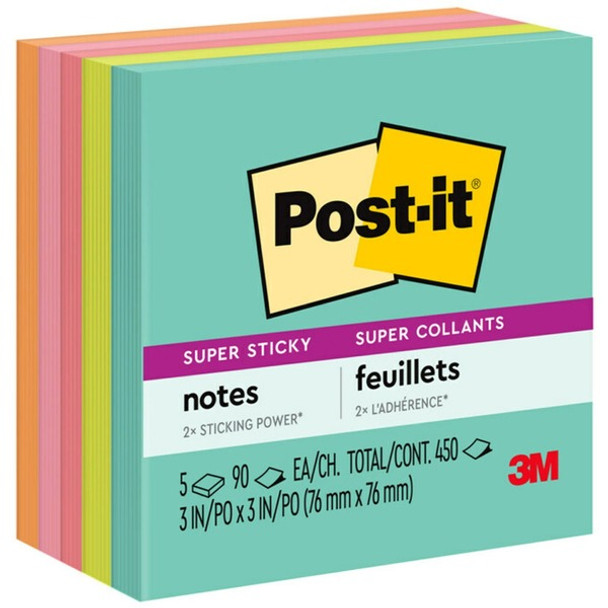 Post-it&reg; Super Sticky Notes - Supernova Neons Color Collection - 3" x 3" - Square - 90 Sheets per Pad - Aqua Splash, Acid Lime, Guava, Tropical Pink, Iris Infusion - Paper - Recyclable, Repositionable - 5 / Pack