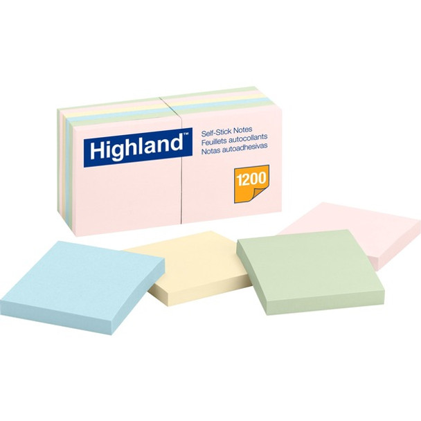 Highland Self-Sticking Notepads - 1200 - 3" x 3" - Square - 100 Sheets per Pad - Unruled - Assorted Pastel - Paper - Self-adhesive, Repositionable, Removable - 12 / Pack