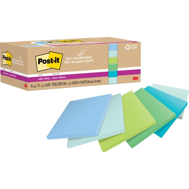 Post-it&reg; Recycled Super Sticky Notes - 70 - 3" x 3" - Square - 70 Sheets per Pad - Assorted Oasis - Adhesive - 12 / Pack - Recycled