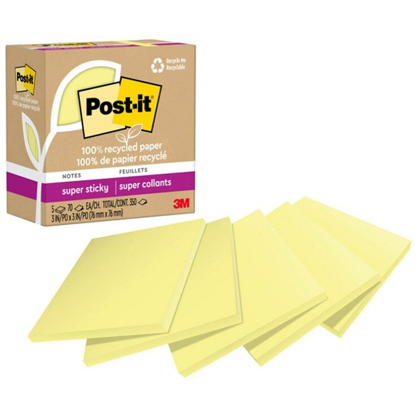 Post-it&reg; Recycled Super Sticky Notes - 70 - 3" x 3" - Square - 70 Sheets per Pad - Canary Yellow - Adhesive - 5 / Pack - Recycled