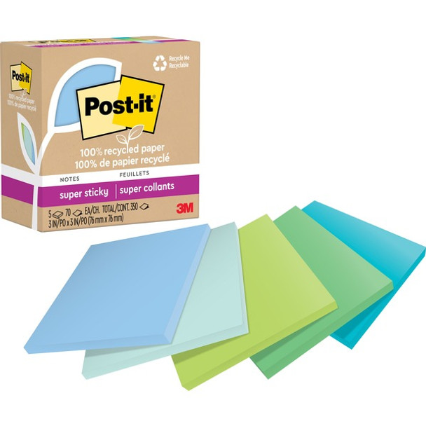 Post-it&reg; Super Sticky Adhesive Note - 350 - 3" x 3" - Square - 70 Sheets per Pad - Assorted Oasis - Removable, Repositionable, Recyclable - 5 Pad - Recycled