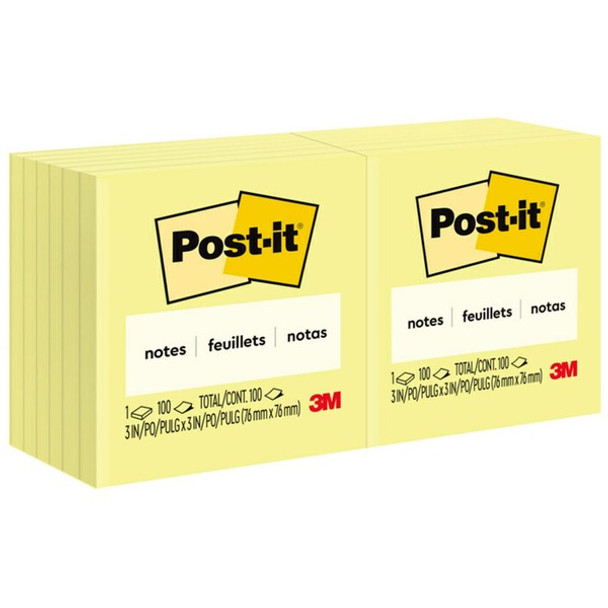 Post-it&reg; Notes Original Notepads - 3" x 3" - Square - 100 Sheets per Pad - Unruled - Canary Yellow - Paper - Self-adhesive, Repositionable - 12 / Pack