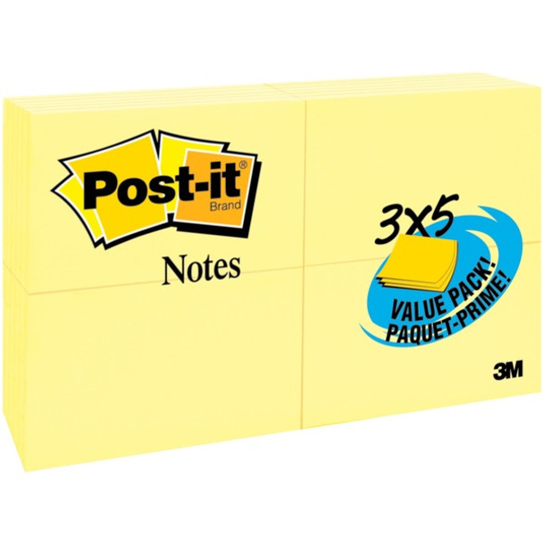 Post-it&reg; Notes Value Pack - 100 - 3" x 5" - Rectangle - Unruled - Canary - Self-adhesive - 5 / Pack