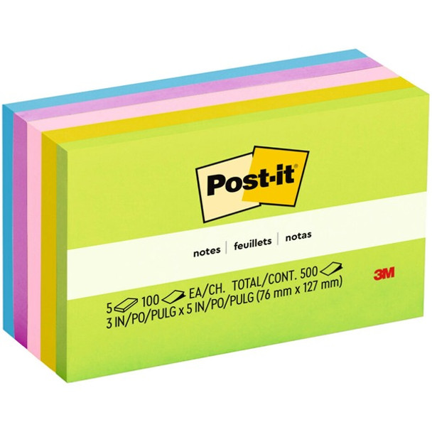 Post-it&reg; Notes Original Notepads - Floral Fantasy Color Collection - 500 - 3" x 5" - Rectangle - 100 Sheets per Pad - Unruled - Limeade, Citron, Positively Pink, Iris Infusion, Blue Paradise - Paper - Self-adhesive, Repositionable - 5 / Pack