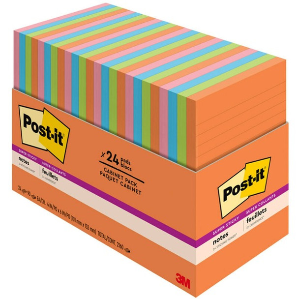 Post-it&reg; Super Sticky Notes - Energy Boost Color Collection - 4" x 6" - Rectangle - 45 Sheets per Pad - Vital Orange, Tropical Pink, Blue Paradise, Limeade - Sticky - 24 / Pack