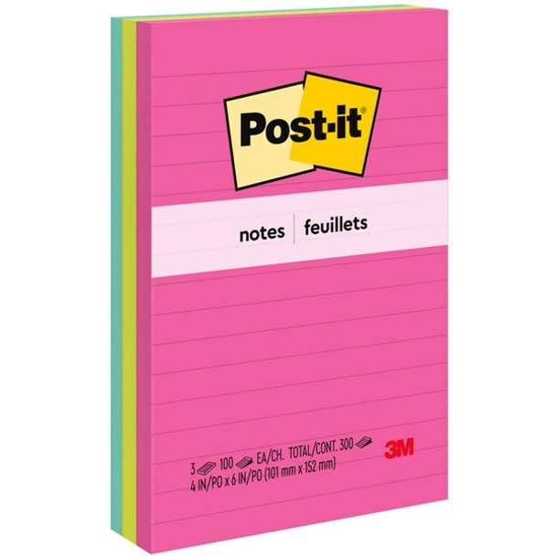 Post-it&reg; Lined Notes - Poptimistic Color Collection - 300 - 4" x 6" - Rectangle - 100 Sheets per Pad - Ruled - Power Pink, Neon Green, Aqua - Paper - Self-adhesive, Repositionable - 3 / Pack