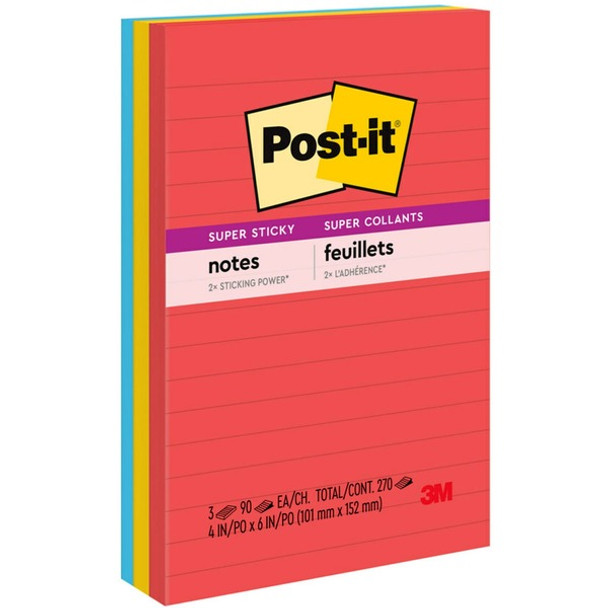 Post-it&reg; Notes Original Lined Notepads -Playful Primaries Color Collection - 270 - 4" x 6" - Rectangle - 90 Sheets per Pad - Ruled - Candy Apple Red, Sunnyside, Blue Paradise - Paper - Self-adhesive - 3 / Pack