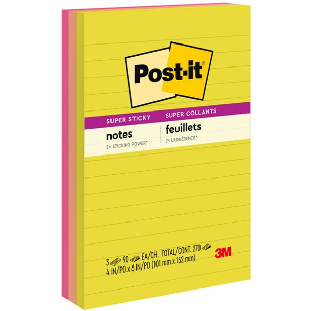 Post-it&reg; Super Sticky Multi-Pack Notes - Summer Joy Color Collection - 4" x 6" - Rectangle - 90 Sheets per Pad - Citron, Papaya Fizz, Power Pink, Washed Denim, Fresh Mint - Sticky, Recyclable - 1 Pack