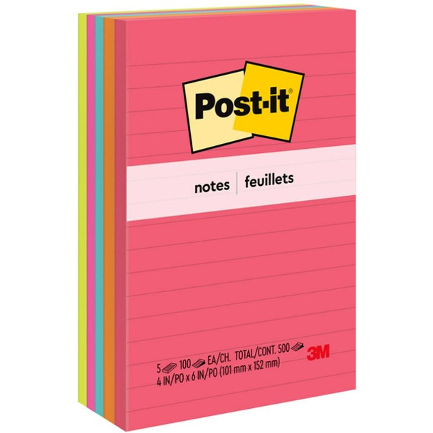 Post-it&reg; Notes Original Notepads - Poptimistic Color Collection - 4" x 6" - Rectangle - 100 Sheets per Pad - Ruled - Power Pink, Neon Green, Aqua, Neon Orange, Guava Pink - Self-adhesive, Self-stick - 5 / Pack