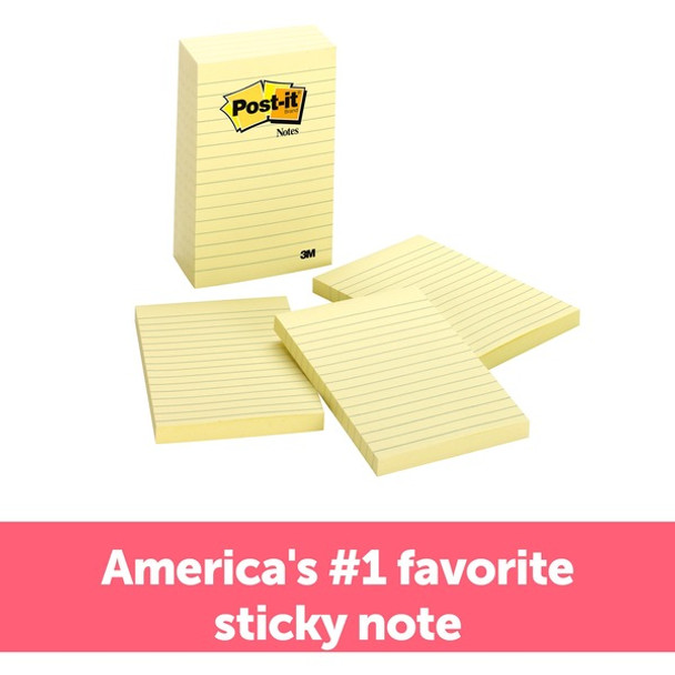 Post-it&reg; Lined Notes - 500 - 4" x 6" - Rectangle - 100 Sheets per Pad - Ruled - Yellow - Paper - Self-adhesive, Repositionable - 5 / Pack