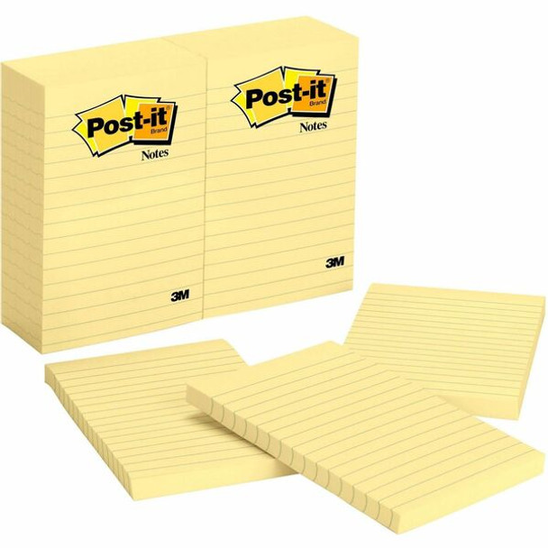 Post-it&reg; Notes Original Lined Notepads - 100 - 4" x 6" - Rectangle - 100 Sheets per Pad - Ruled - Canary Yellow - Paper - Self-adhesive, Repositionable - 12 / Pack