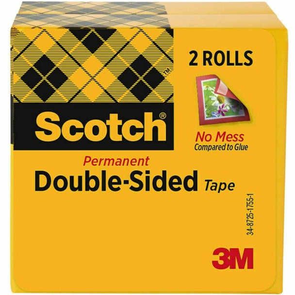 Scotch Permanent Double-Sided Tape - 1/2"W - 25 yd Length x 0.50" Width - 1" Core - Acrylate - 3 mil - Permanent Adhesive Backing - Long Lasting - For Attaching, Mounting - 2 / Pack - Clear