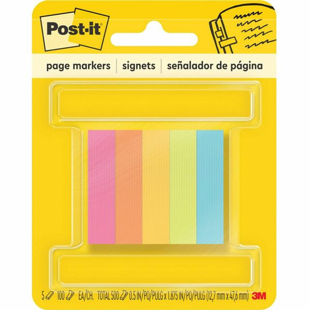 Post-it&reg; Page Markers - 1/2"W - 100 - 0.50" x 2" - Rectangle - Unruled - Bright Assorted - Paper - Removable, Self-adhesive - 500 / Pack