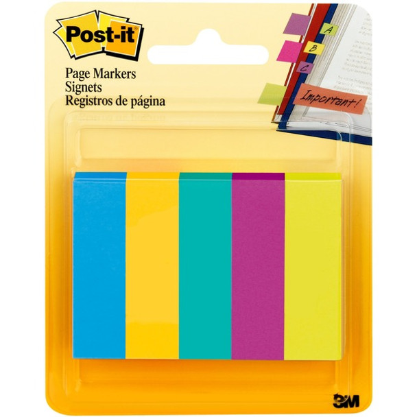 Post-it&reg; Page Markers - 100 - 0.50" x 2" - Rectangle - Unruled - Electric Blue, Yellow, Aqua Wave, Light Mulberry, Neon Green - Paper - Removable, Self-adhesive - 500 / Pack