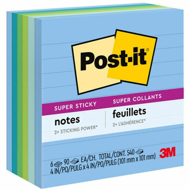 Post-it&reg; Super Sticky Lined Notes - Oasis Color Collection - 540 - 4" x 4" - Square - 90 Sheets per Pad - Ruled - Washed Denim, Fresh Mint, Limeade, Lucky Green, Sea Glass - Paper - Self-adhesive - 6 / Pack - Recycled