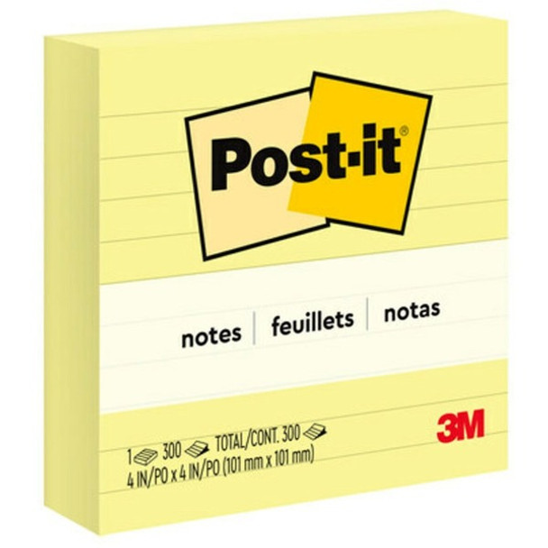 Post-it&reg; Lined Notes - 300 - 4" x 4" - Square - 300 Sheets per Pad - Ruled - Canary Yellow - Paper - Recyclable - 300 / Pad