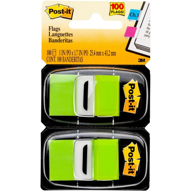 Post-it&reg; Flags - 100 x Bright Green - 1" x 1.75" - Rectangle - Unruled - Green - Removable, Self-adhesive - 100 / Pack
