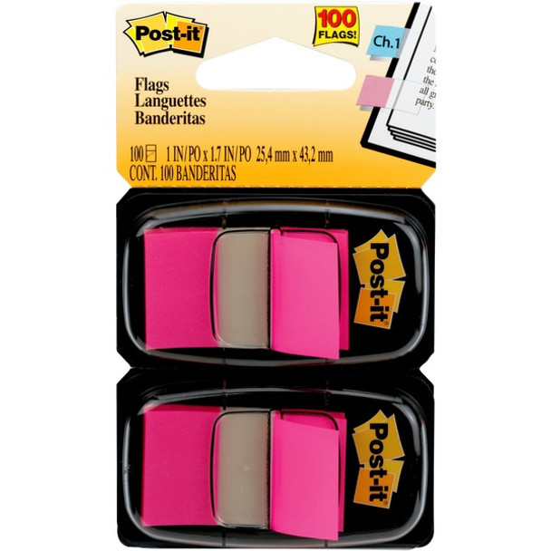 Post-it&reg; Flags - 100 x Bright Pink - 1" x 1.75" - Rectangle - Unruled - Pink - Removable, Self-adhesive - 100 / Pack