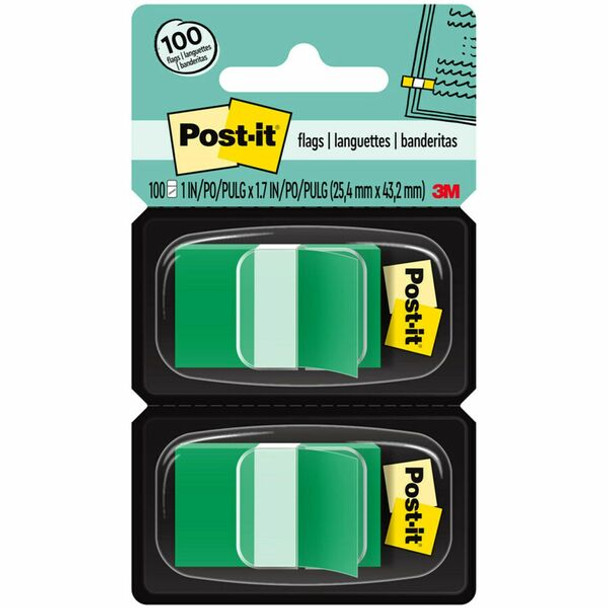 Post-it&reg; Flags - 100 x Green - 1" x 1.75" - Rectangle - Unruled - Green - Removable - 100 / Pack