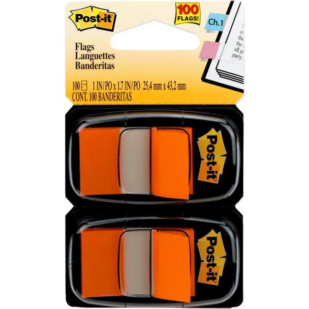 Post-it&reg; Flags - 100 x Orange - 1" x 1.75" - Rectangle - Unruled - Orange - Removable, Tab - 100 / Pack