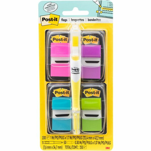 Post-it&reg; Flags Value Pack - 200 - 1" x 1.75" - Rectangle, Arrow - Unruled - Aqua, Yellow, Green, Purple, Pink, Blue - Self-adhesive, Removable - 200 / Pack