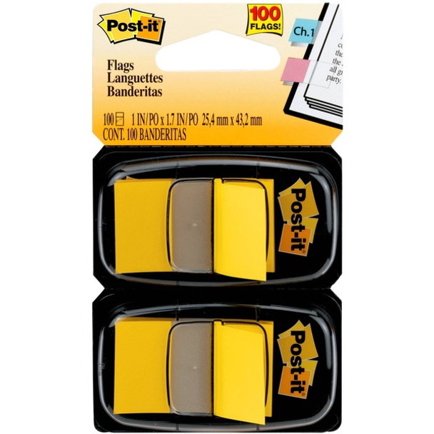 Post-it&reg; Flags - 100 x Yellow - 1" x 1.75" - Rectangle - Unruled - Yellow - Removable, Self-adhesive - 100 / Pack
