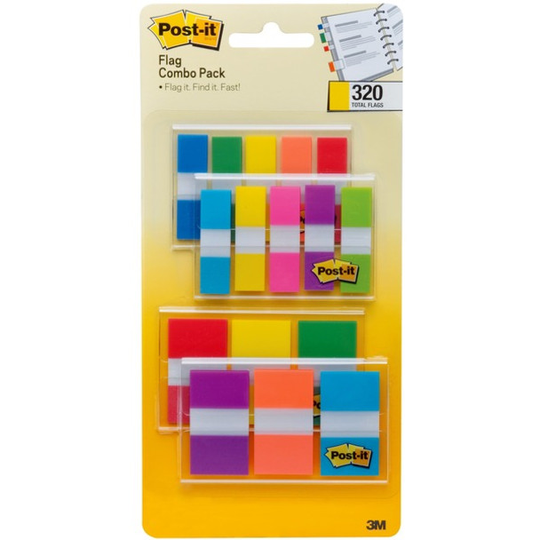 Post-it&reg; Assorted Flag Combo Pack - 320 x Assorted - 0.50" , 1" - Blue, Green, Yellow, Orange, Red, Pink, Purple - Self-adhesive, Repositionable - 320 / Pack