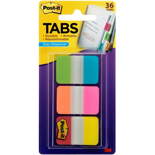 Post-it&reg; Alternating Tabs - 36 Tab(s) - 1" Tab Height x 1.50" Tab Width - Self-adhesive - Green Poly, Orange, Red, Yellow, Pink, Blue Tab(s) - 36 / Pack