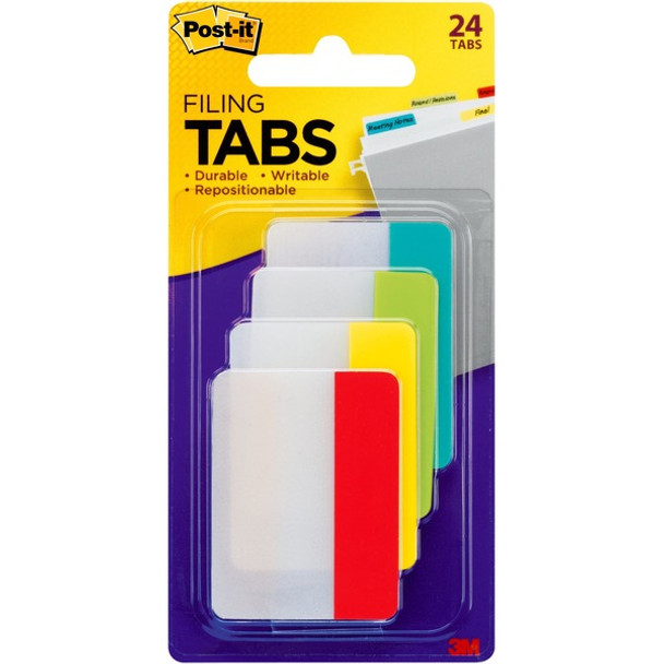 Post-it&reg; Durable Tabs - Primary Colors - Write-on Tab(s) - 2" Tab Height x 1.50" Tab Width - Red, Yellow, Green, Blue Tab(s) - Durable, Repositionable, Wear Resistant, Tear Resistant - 24 / Pack