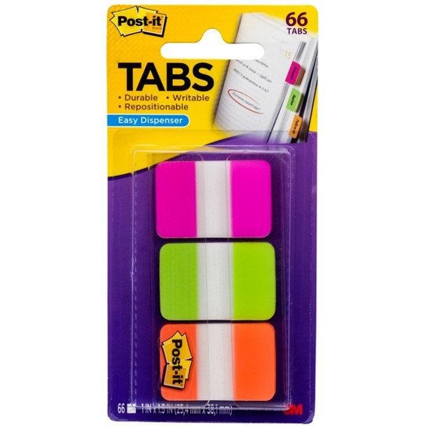 Post-it&reg; Durable Tabs - 1.50" Tab Height x 1" Tab Width - Removable - Pink, Purple, Orange, Semi-transparent Tab(s) - Wear Resistant, Tear Resistant, Durable, Repositionable, Writable, Removable, Reusable - 66 / Pack