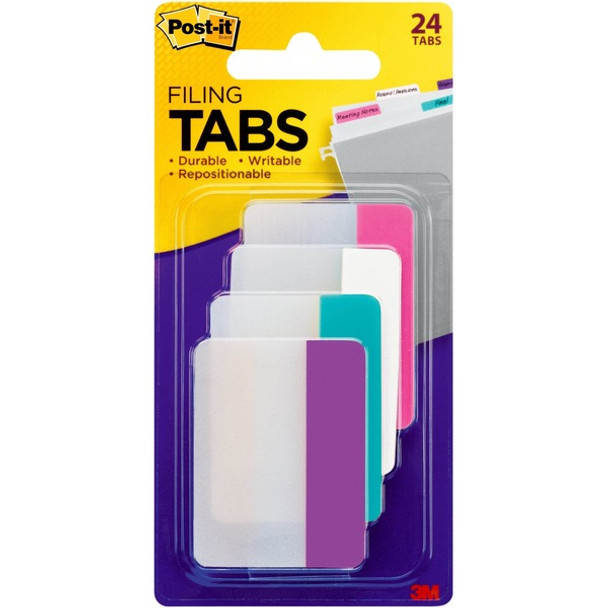 Post-it&reg; Filing Tabs - Write-on Tab(s) - 1.50" Tab Height x 2" Tab Width - Purple, Blue, White, Pink Tab(s) - Reusable, Repositionable, Durable, Wear Resistant, Tear Resistant - 24 / Pack