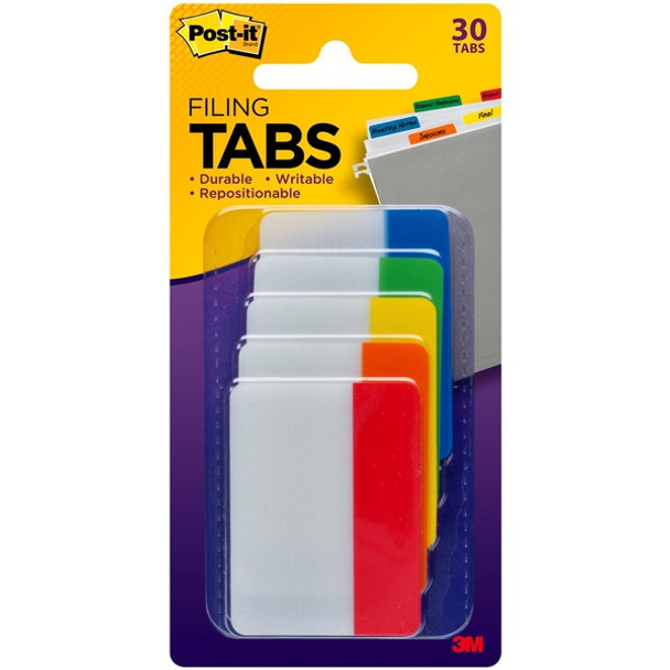 Post-it&reg; Tabs - Write-on Tab(s)2" Tab Width - Red, Orange, Yellow, Green, Blue Tab(s) - Removable, Durable, Repositionable, Customizable, Writable, Wear Resistant, Tear Resistant - 30 / Pack