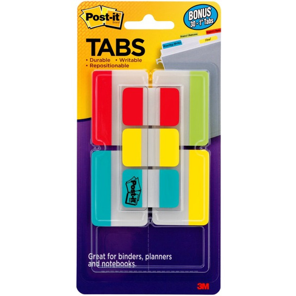 Post-it&reg; Tabs Value Pack - Primary Colors - Write-on Tab(s) - 1" Tab Height x 2" Tab Width - Red, Yellow, Blue, Green Tab(s) - Tear Resistant, Wear Resistant, Durable, Repositionable - 66 / Pack