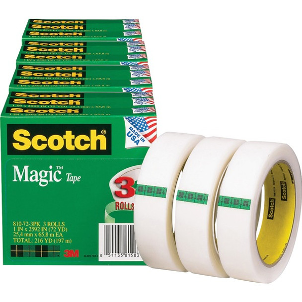 Scotch Magic Tape - 72 yd Length x 1" Width - 3" Core - For Mending, Splicing - 12 / Bundle - Matte - Clear