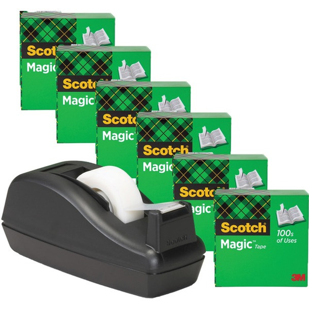 Scotch 3/4"W Magic Tape - 27.78 yd Length x 0.75" Width - 1" Core - Dispenser Included - Desktop Dispenser - Split Resistant, Tear Resistant - For Mending, Splicing - 6 / Pack - Matte - Clear