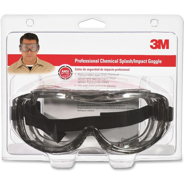 3M Chemical Splash/Impact Goggles - Particulate, Airborne Particle, Chemical, Splash Protection - Clear - Wraparound Lens, Flame Resistant, Adjustable Headband, Vented, Lightweight, Comfortable, Anti-fog - 1 Each