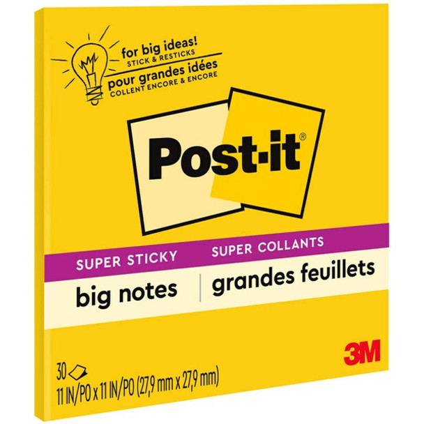Post-it&reg; Super Sticky Big Notes - 10.98" x 10.98" - Square - 30 Sheets per Pad - Canary Yellow - 1 Each