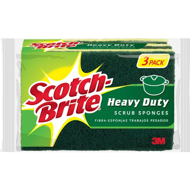 Scotch-Brite Heavy-Duty Scrub Sponges - 2.8" Height x 4.5" Width x 4.5" Length x 590 mil Thickness - 3/Pack - Yellow, Green