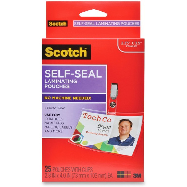 Scotch Self-Laminating ID Clip-Style Pouches - Support 4" x 2.80" Media - Horizontal - 25 / Pack - Clear