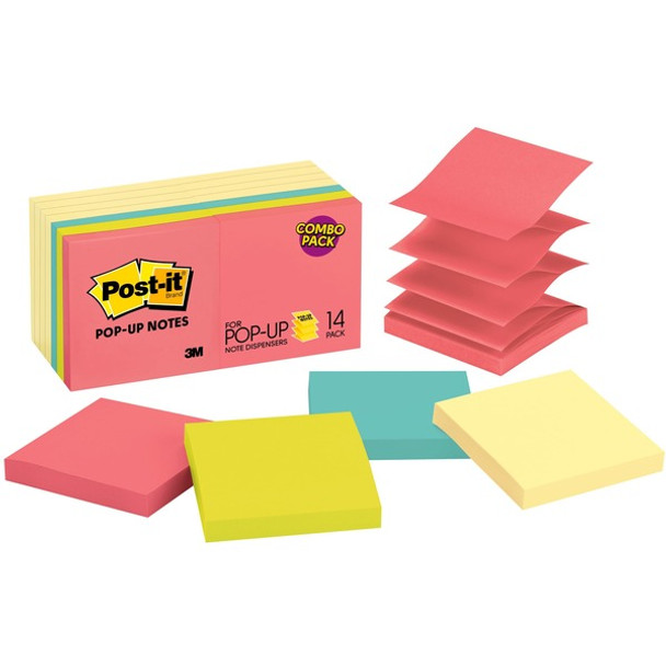 Post-it&reg; Dispenser Notes - Poptimistic Color Collection and Canary Yellow - 1400 - 3" x 3" - Square - 100 Sheets per Pad - Unruled - Pink, Blue, Green, Yellow - Paper - Self-adhesive, Repositionable - 14 / Pack