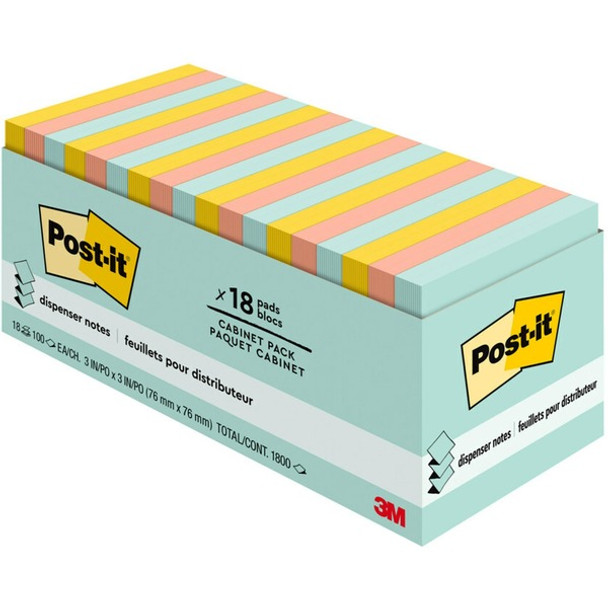 Post-it&reg; Dispenser Notes - Beachside Caf&eacute; Color Collection - 3" x 3" - Rectangle - Fresh Mint, Sunnyside, Papaya Fizz - 18 / Pack