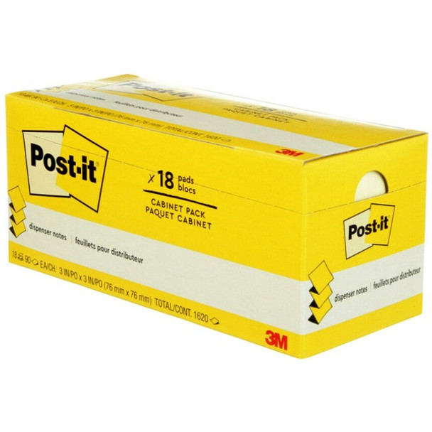 Post-it&reg; Dispenser Notes - 1620 - 3" x 3" - Square - 90 Sheets per Pad - Unruled - Canary Yellow - Paper - Self-adhesive, Removable - 18 / Pack