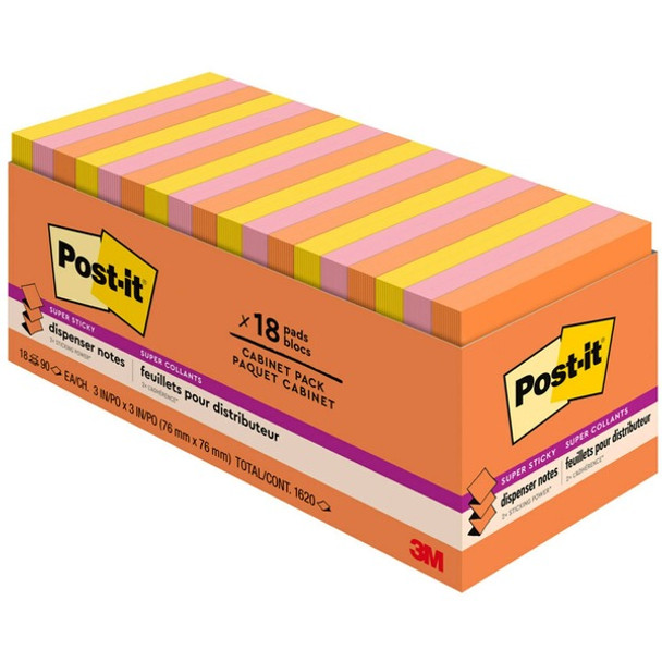 Post-it&reg; Super Sticky Dispenser Notes - Energy Boost Color Collection - 3" x 3" - Rectangle - Vital Orange, Tropical Pink, Sunnyside - Paper - Self-adhesive, Removable, Recyclable - 18 / Pack