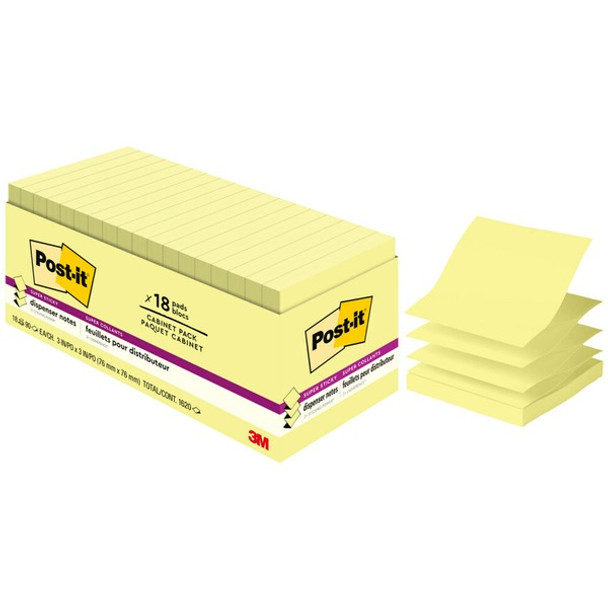 Post-it&reg; Super Sticky Dispenser Notes - Canary Yellow - 3" x 3" - Square - Canary Yellow - Paper - Pop-up, Recyclable, Adhesive - 18 / Pack