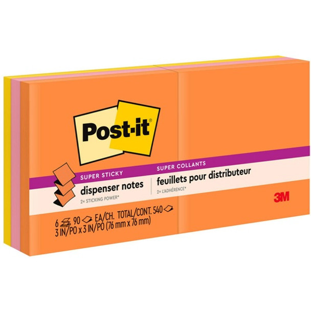 Post-it&reg; Super Sticky Dispenser Notes - Energy Boost Color Collection - 540 - 3" x 3" - Square - 90 Sheets per Pad - Unruled - Vital Orange, Tropical Pink, Sunnyside - Paper - Self-adhesive, Repositionable - 6 / Pack