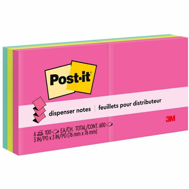 Post-it&reg; Pop-up Adhesive Note - 600 - 3" x 3" - Square - 100 Sheets per Pad - Unruled - Electric Blue, Limeade, Neon Orange, Neon Pink, Concord - Paper - Pop-up, Self-adhesive, Repositionable - 6 / Pack - Recycled